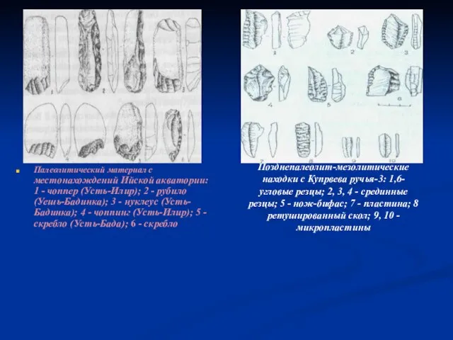 Палеолитический материал с местонахождений Ийской акватории: 1 - чоппер (Усть-Илир); 2 -
