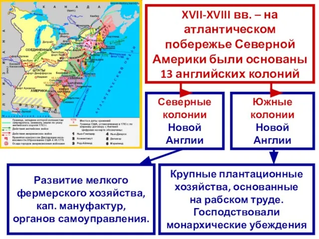 XVII-XVIII вв. – на атлантическом побережье Северной Америки были основаны 13 английских