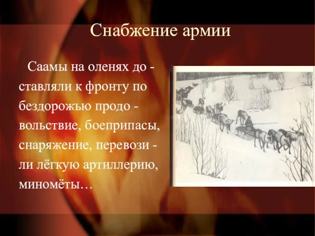 Снабжение армии Саамы на оленях до - ставляли к фронту по бездорожью