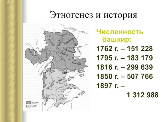 Этногенез и история Численность башкир: 1762 г. – 151 228 1795 г.