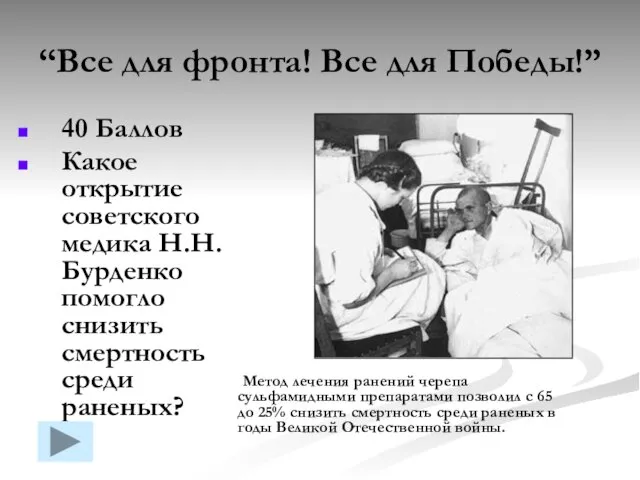 “Все для фронта! Все для Победы!” 40 Баллов Какое открытие советского медика