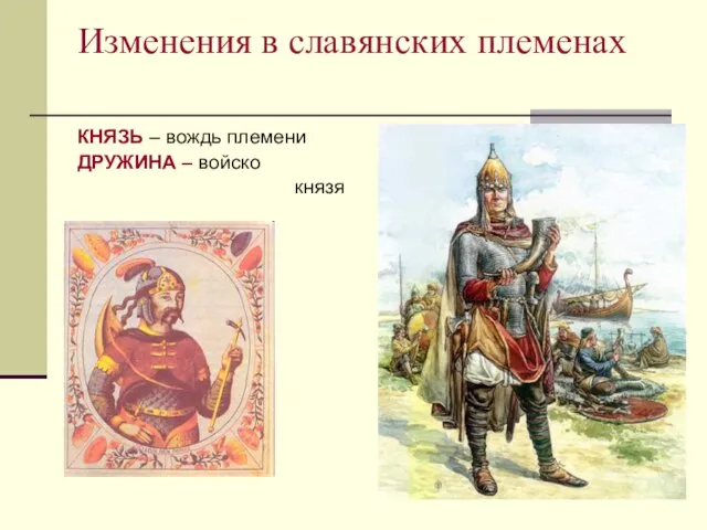 Изменения в славянских племенах КНЯЗЬ – вождь племени ДРУЖИНА – войско князя