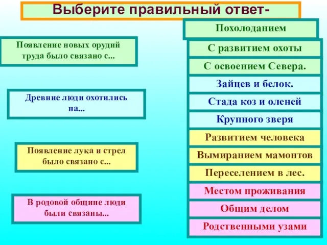 Выберите правильный ответ- Появление новых орудий труда было связано с... Древние люди