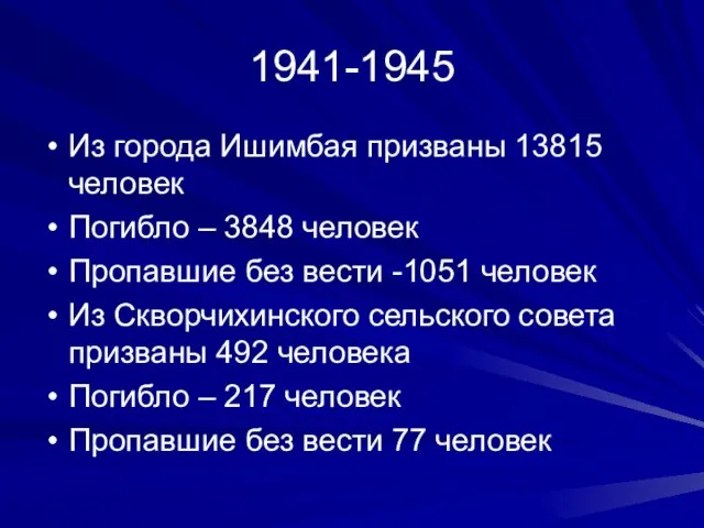 1941-1945 Из города Ишимбая призваны 13815 человек Погибло – 3848 человек Пропавшие