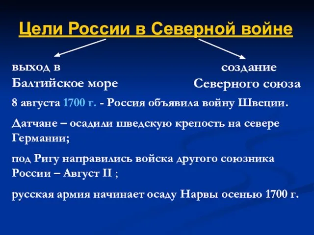 Цели России в Северной войне выход в Балтийское море создание Северного союза