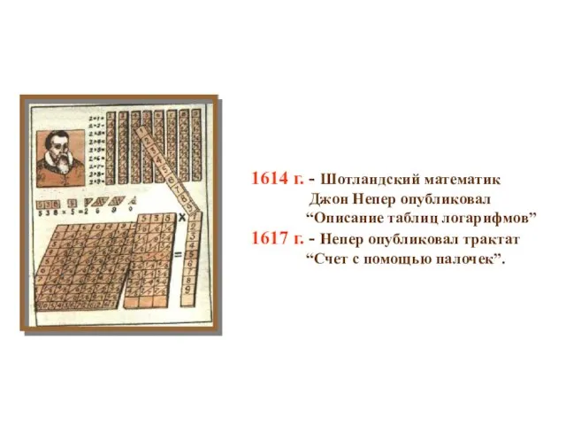 1614 г. - Шотландский математик Джон Непер опубликовал “Описание таблиц логарифмов” 1617