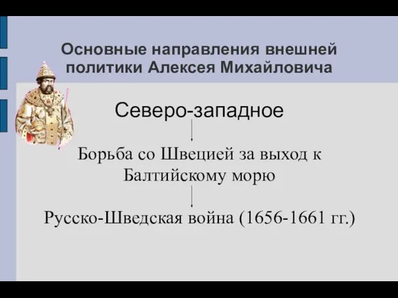 Основные направления внешней политики Алексея Михайловича Северо-западное Борьба со Швецией за выход