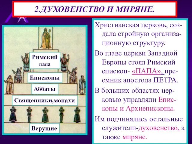 2.ДУХОВЕНСТВО И МИРЯНЕ. Христианская церковь, соз-дала стройную организа-ционную структуру. Во главе церкви