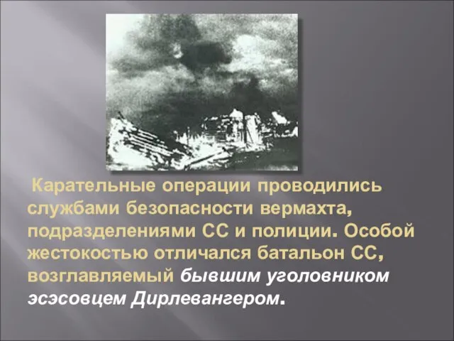 Карательные операции проводились службами безопасности вермахта, подразделениями СС и полиции. Особой жестокостью