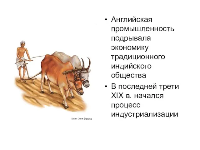 Английская промышленность подрывала экономику традиционного индийского общества В последней трети XIX в. начался процесс индустриализации