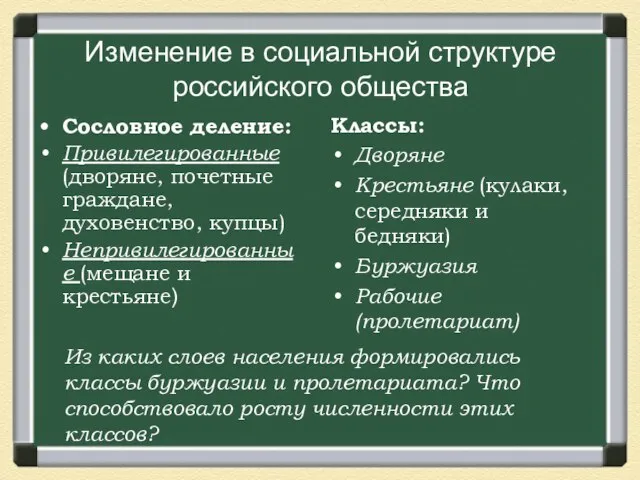 Изменение в социальной структуре российского общества Сословное деление: Привилегированные (дворяне, почетные граждане,
