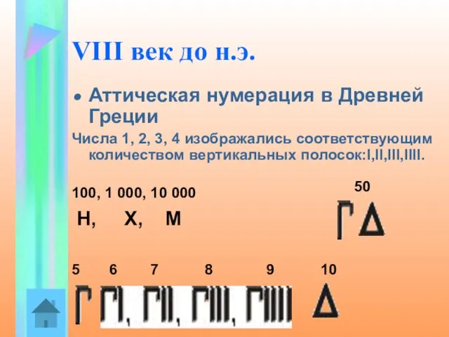 VIII век до н.э. Аттическая нумерация в Древней Греции Числа 1, 2,