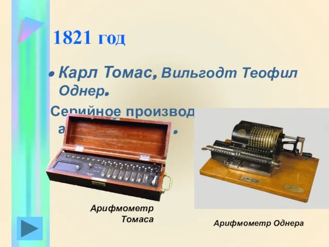 1821 год Карл Томас, Вильгодт Теофил Однер. Серийное производство арифмометров . Арифмометр Томаса Арифмометр Однера