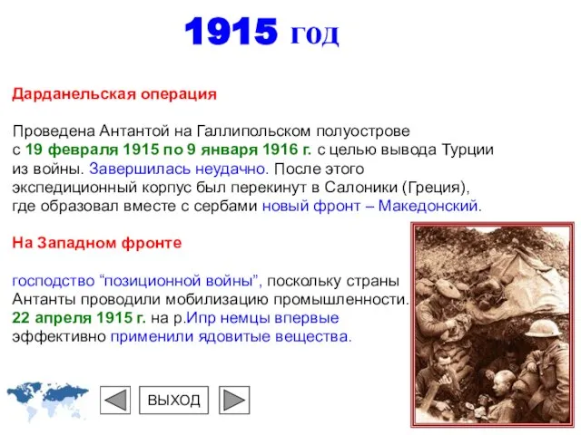 1915 год Дарданельская операция Проведена Антантой на Галлипольском полуострове с 19 февраля