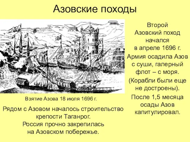 Азовские походы Второй Азовский поход начался в апреле 1696 г. Армия осадила