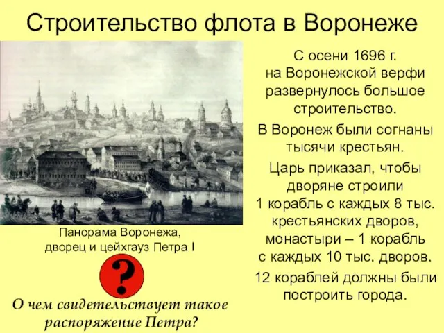 Строительство флота в Воронеже С осени 1696 г. на Воронежской верфи развернулось
