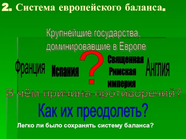 2. Система европейского баланса. Крупнейшие государства, доминировавшие в Европе Франция Испания Англия