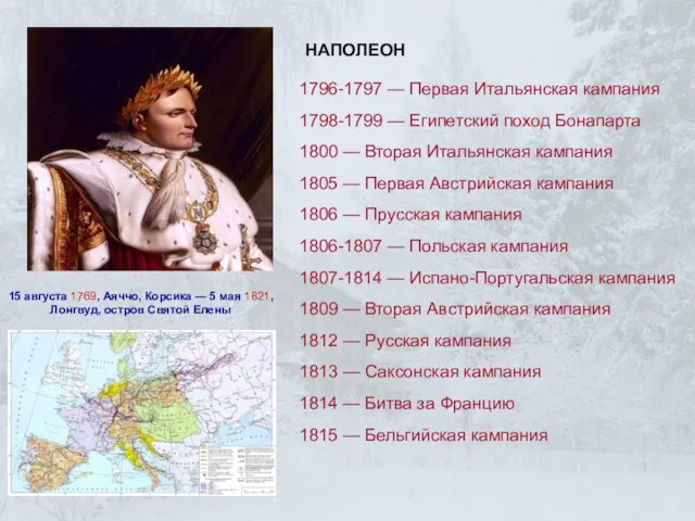 1796-1797 — Первая Итальянская кампания 1798-1799 — Египетский поход Бонапарта 1800 —