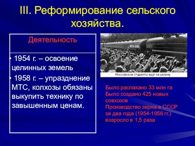 III. Реформирование сельского хозяйства. Было распахано 33 млн га Было создано 425