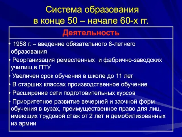 Система образования в конце 50 – начале 60-х гг.