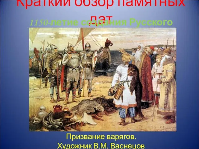 Краткий обзор памятных дат Призвание варягов. Художник В.М. Васнецов 1150-летие создания Русского государства