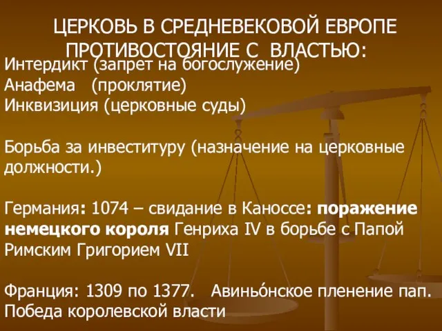 Интердикт (запрет на богослужение) Анафема (проклятие) Инквизиция (церковные суды) Борьба за инвеституру