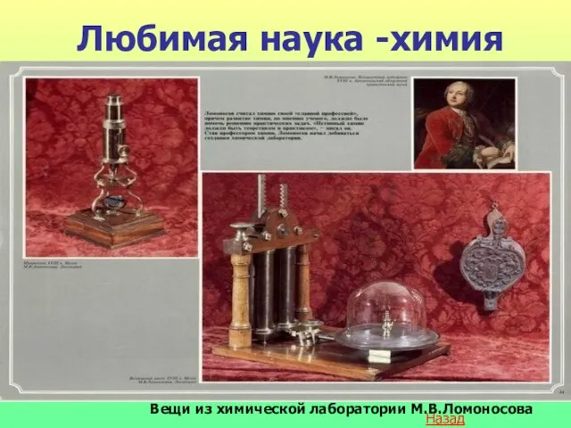 Любимая наука -химия Вещи из химической лаборатории М.В.Ломоносова Назад