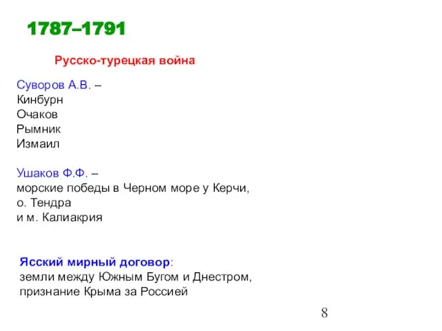 1787–1791 Русско-турецкая война Суворов А.В. – Кинбурн Очаков Рымник Измаил Ушаков Ф.Ф.