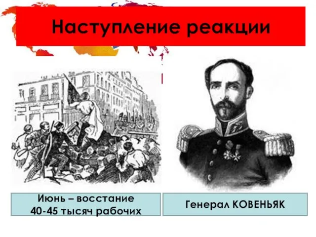Наступление реакции Генерал КОВЕНЬЯК Июнь – восстание 40-45 тысяч рабочих