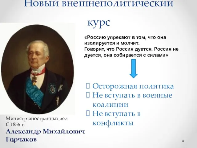Новый внешнеполитический курс Министр иностранных дел С 1856 г. Александр Михайлович Горчаков