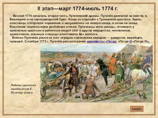 II этап—март 1774-июль 1774 г. Весной 1774 началась вторая часть Пугачевской драмы.