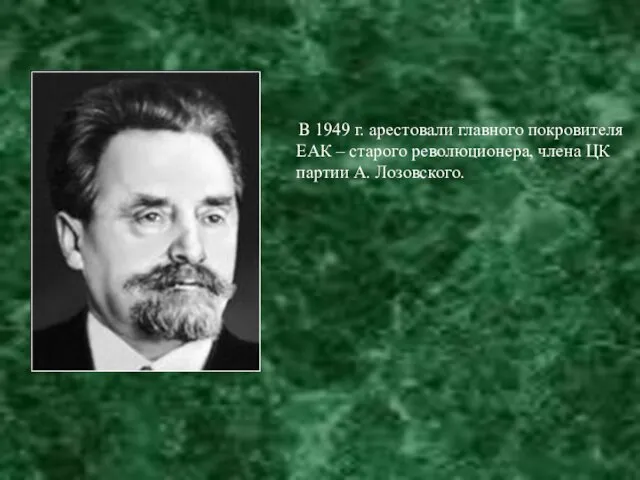 В 1949 г. арестовали главного покровителя ЕАК – старого революционера, члена ЦК партии А. Лозовского.