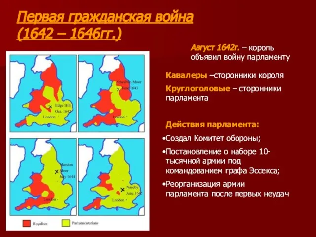 Первая гражданская война (1642 – 1646гг.) Август 1642г. – король объявил войну