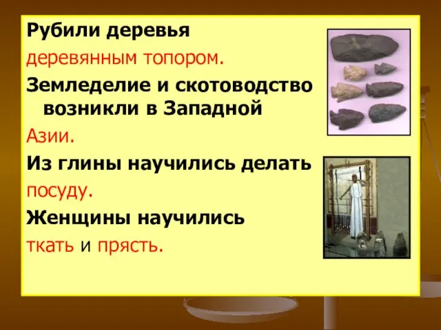 Рубили деревья деревянным топором. Земледелие и скотоводство возникли в Западной Азии. Из