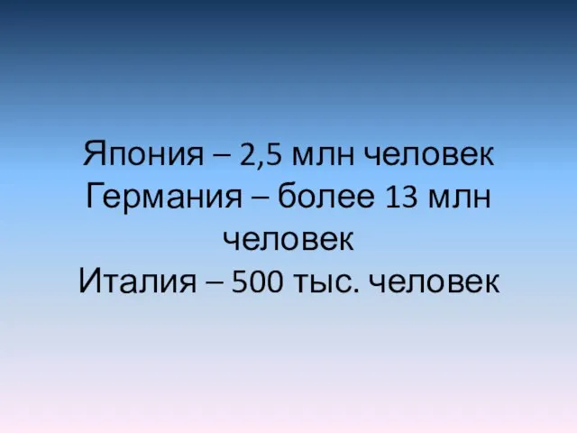 Япония – 2,5 млн человек Германия – более 13 млн человек Италия – 500 тыс. человек