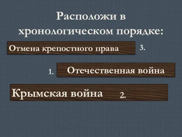 Расположи в хронологическом порядке: Отмена крепостного права Отечественная война Крымская война 1. 2. 3.