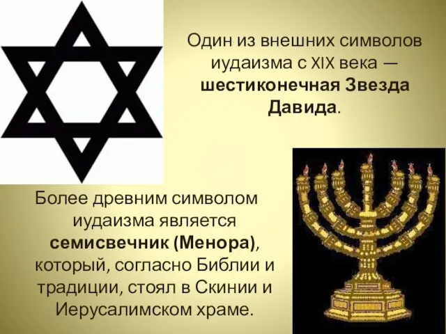 Один из внешних символов иудаизма с XIX века — шестиконечная Звезда Давида.