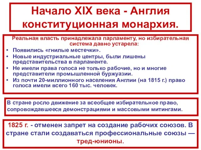 Начало XIX века - Англия конституционная монархия. Реальная власть принадлежала парламенту, но