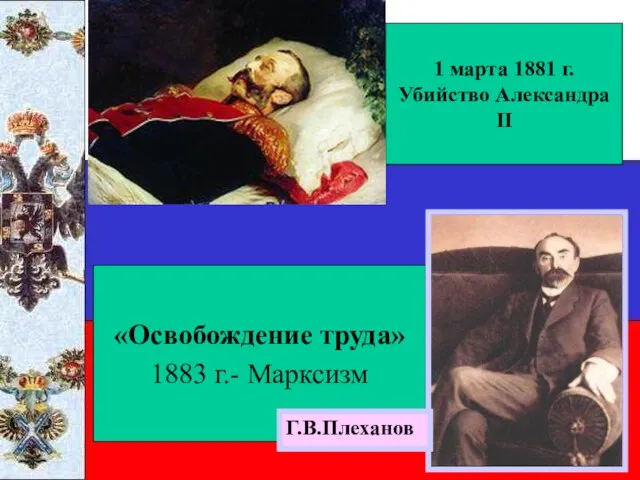 «Освобождение труда» 1883 г.- Марксизм 1 марта 1881 г. Убийство Александра II Г.В.Плеханов