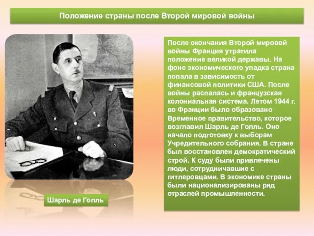 Положение страны после Второй мировой войны Шарль де Голль После окончания Второй