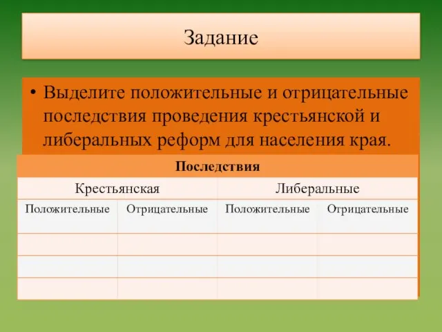 Задание Выделите положительные и отрицательные последствия проведения крестьянской и либеральных реформ для населения края.