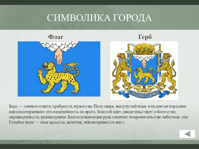 СИМВОЛИКА ГОРОДА Флаг Герб Барс — символ отваги, храбрости, мужества. Поза зверя,