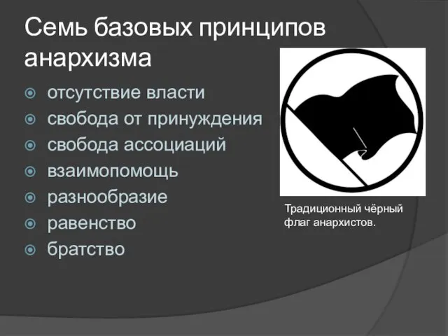 Семь базовых принципов анархизма отсутствие власти свобода от принуждения свобода ассоциаций взаимопомощь