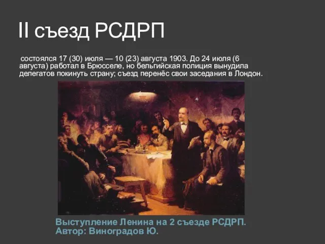 II съезд РСДРП Выступление Ленина на 2 съезде РСДРП. Автор: Виноградов Ю.