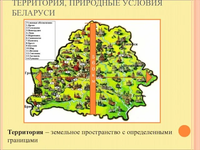 ТЕРРИТОРИЯ, ПРИРОДНЫЕ УСЛОВИЯ БЕЛАРУСИ Территория – земельное пространство с определенными границами 650 км 560 км