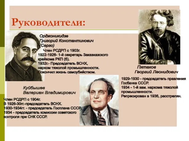 Руководители: Член РСДРП с 1904г. В 1926-30гг.-председатель ВСНХ. 1930-1934гг. - председатель Госплана