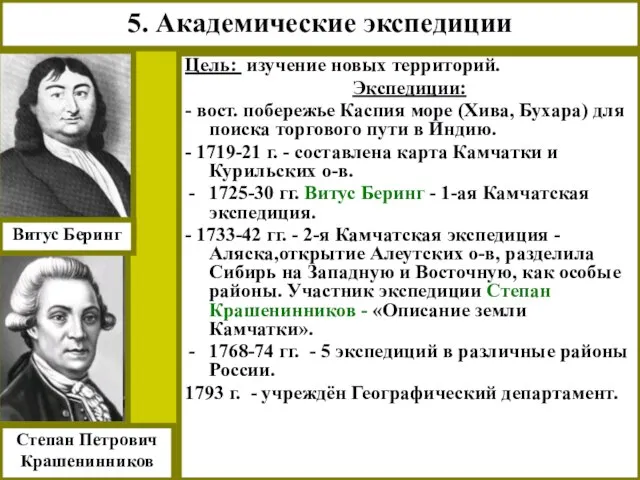 5. Академические экспедиции Цель: изучение новых территорий. Экспедиции: - вост. побережье Каспия