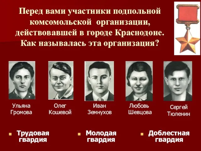 Перед вами участники подпольной комсомольской организации, действовавшей в городе Краснодоне. Как называлась