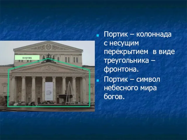 Портик – колоннада с несущим перекрытием в виде треугольника – фронтона. Портик