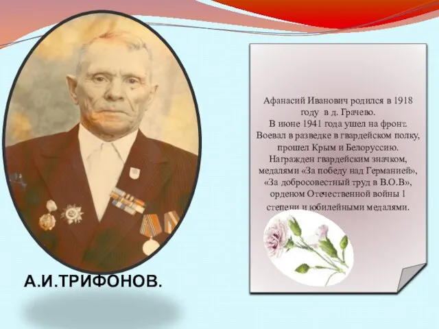 о А.И.ТРИФОНОВ. Афанасий Иванович родился в 1918 году в д. Грачево. В